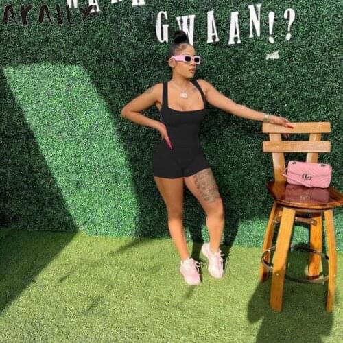 Akaily Streetwear Black Hollow Out Bandage Rompers Summer Womens Jumpsuit Solid Sleeveless Backless Bodycon Female Playsuit 2021