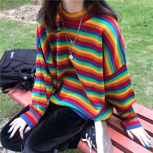 2020 New Spring Autumn Loose Striped Womens Leisure Time Crew Neck Long Sleeves Versatile Comfortable Rainbow Bar Sweaters