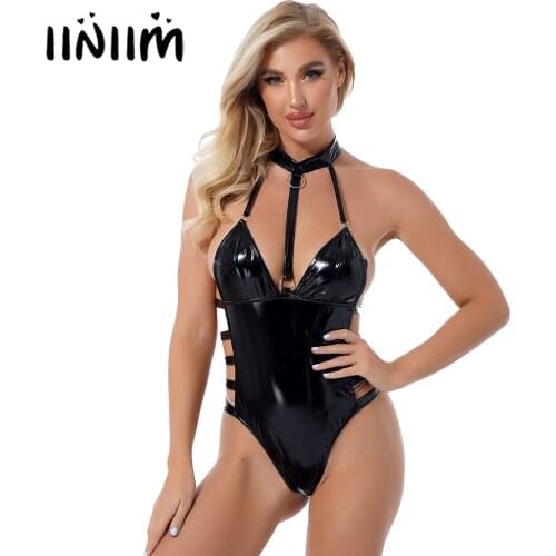 Womens Sexy Lingerie Halter Cutout Catsuit Clubwear Hollow Out Wet Look Patent Leather Bodysuit Backless Sleeveless Leotard