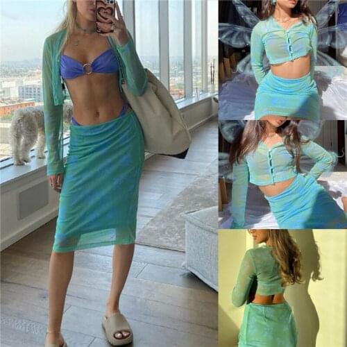 2 Pcs Women Color Block Outfits Adults See-through Button-down Printed Long Sleeve V-neck Mesh Crop Tops + Skirt