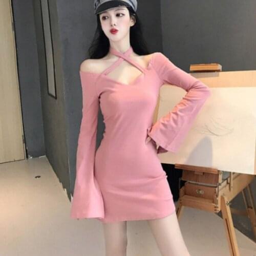 DAXIN Women Autumn Sexy Off Shoulder Halter Dresses Female Fashion Solid Color Slim Flare Long Sleeve Night Club Vestidos