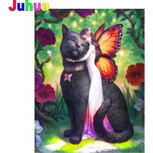 Fairy with black cat Diy diamond painting Full Square/Round drill 5d mosaic animal cartoon diamond embroidery gift home decor