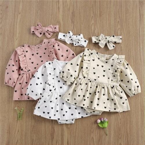 0-24M Spring Autumn Infant Baby Girls Romper Toddler Newborn Baby Girls Heart Print Jumpsuits Dress with Headband Outfits