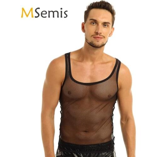 Mens Lingerie Fishnet Vest Mesh Openwork Sleeveless See-through Vest Tank Top Stretchy Fabric Clubwear Undershirt