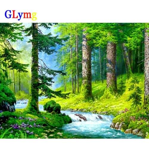 GLymg Diy Diamond Painting Cross Stitch Kit Forest Streams Green Forest Diamond Embroidery Trees Square Mosaic Landscape Picture