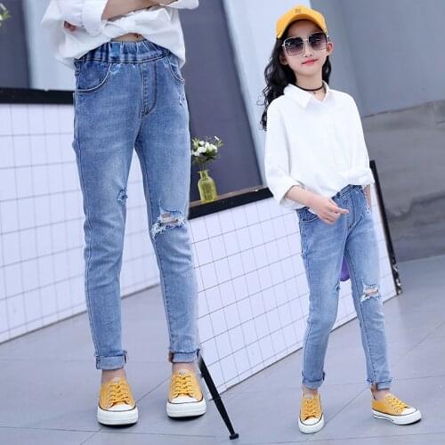 Sky Blue Broken Hole Jeans Pants For Little Big Girls Skinny Denim Trousers Clothing New 2020 Spring Kids Bottoms Jean Clothes