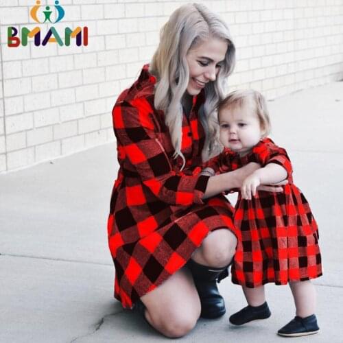 New Family Matching Clothes Mother Daughter Dresses Women Striped Plaid Baby Girl Mini A-line Dress Mom Baby Girl Party Clothes