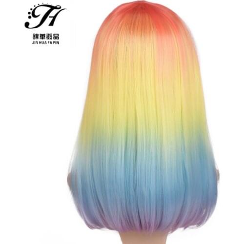 18 Inch Rainbow Color Bob Wig Flat Bang Synthetic Hair Heat Resistant Colorful Cosplay Daily Party Wig for Women
