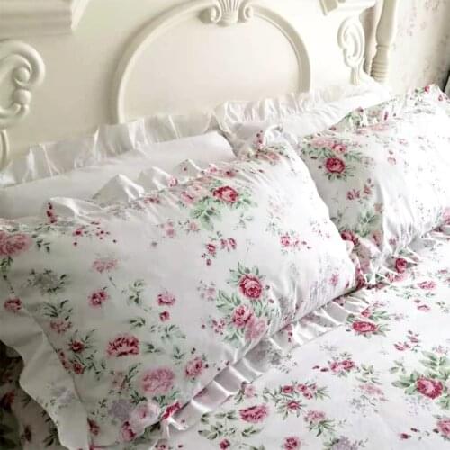Ruffle Pillow Shams Floral Pillowcases Vintage 100% Cotton Pillow Cover for Girls Farmhouse French Princess Korean Style