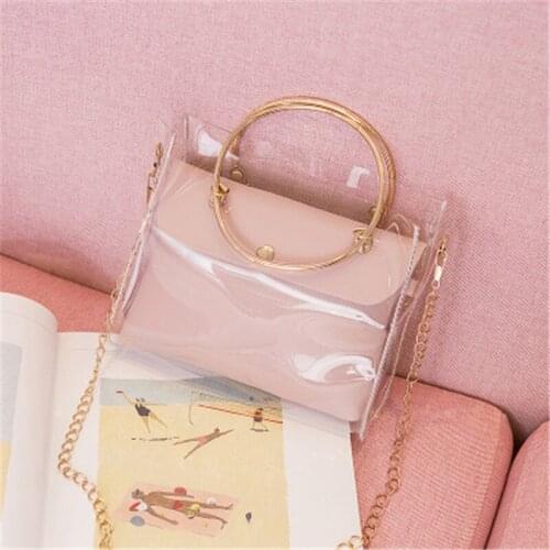Transparent 2PCS Bag Set Womens Bag Single Shoulder Fashion Messenger Bag Metal Ring Small Mini Square Mobile Phone Chain