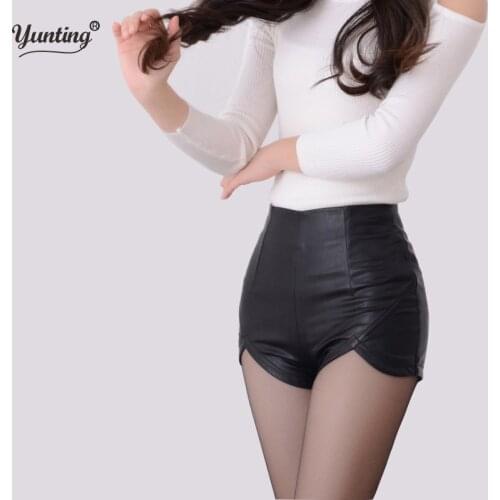 2020 New Fashion Summer Womens Sexy Black Red PU High Waist Shorts Vintage Slim Slit High quality size S-2XL Leather Shorts