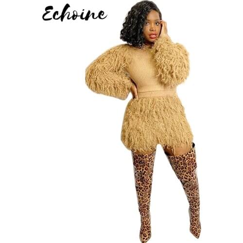Feather Fashion Sweater Fringed Fluff 2 Pieces Sets Outfits Elegant Long Sleeve Short Pants Matching Sets Casual Club Party Wear