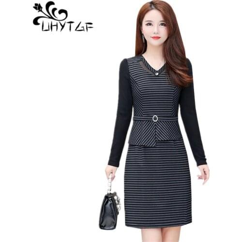 UHYTGF Autumn winter dresses womens fashion striped fake two elegant dresses long-sleeved V-neck pullover bandage dress 5XL 784