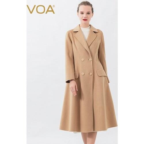 VOA Plain Cashmere 14.75 Micron Flat Collar Long-sleeved Double-breasted Flip-cap Square-bag Profiled Coat S1601