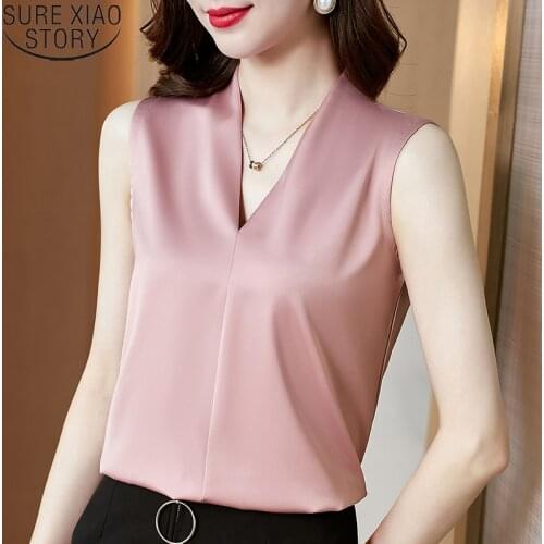 2021 Summer Satin Blouse Women Tops Casual Solid Color Sleeveless Shirts V Neck Women Clothing Plus Size Ladies Shirts 13381