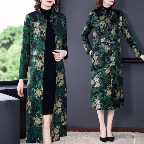 2020 Autumn Spring Woman Clothes , Womens Golden Floral Green Trench Coat , Women High Waisted Flower 4xl 5xl Slim Red Coats