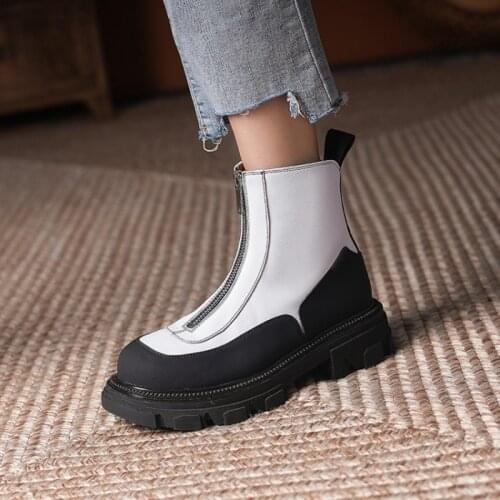 2021 New Autumn/Winter Women Shoes Split Leather Boots Women Round Toe Chunky Boots Casual Mixed Colors Platform Boots for Women