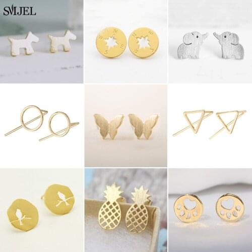 Korean Multiple Metal Geometric Earrings Women Lovely Pineaple Bird Elephant Stud Earring Compass Shape Ear Jewelrys Party Gifts