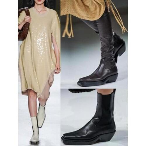 Woman Fashion Genuine Leather Chelsea Square Toe Short Boots Female 45 mm Med Heels Slip On Over The Knee Long Boots Big Size 43