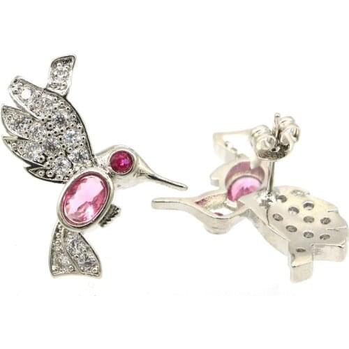 24x22mm Gorgeous Songbird Shape Created Pink Tourmaline White CZ Womans Wedding Silver Earrings