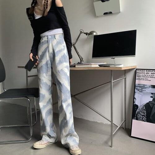 Women Tie-Dye Blue Pants Casual Vintage New Autumn Women Design Sense Loose Wide Leg Pants High Waist Straight Trousers Jeans
