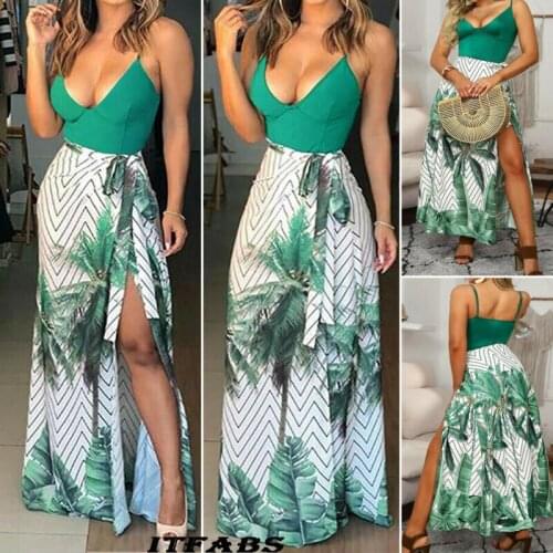 Womens Spaghetti Strap Summer Long Dress Boho Floral Elegant Maxi Dress Party Beach Dresses V Neck Split Sundress Vestido