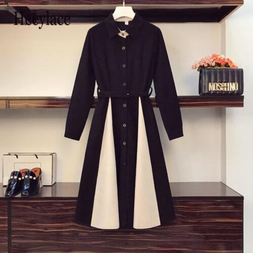 Plus Size Women Autumn Long Sleeve Vintage Patchwork High Waist Dresses 2021 French Single Breasted Dresses Female Vestidos