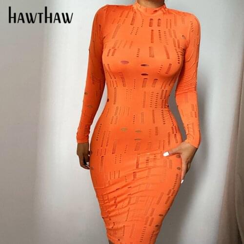 Hawthaw Women Autumn Long Sleeve Hollow Out Solid Color Bodycon Midi Dress 2021 Fall Female Clothing Streetwear Wholesale Items