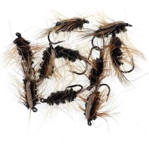 10PCS #6 Black Body Woolly Worm Brown Caddis Nymph Fly Deer Hair Beetle Trout Fly Fishing fly Bait pesca