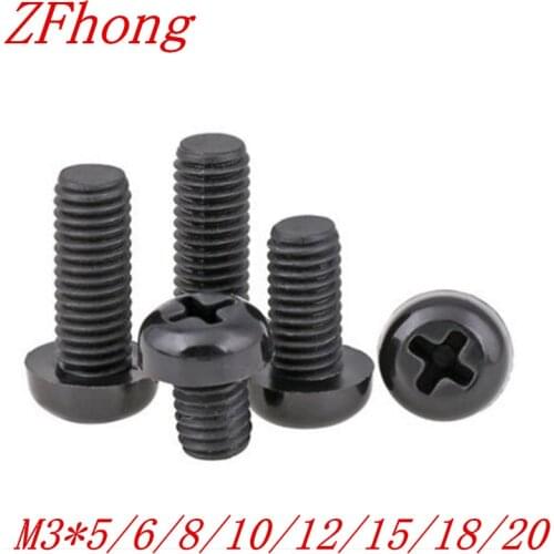 1000pcs M3*4/5/6/8/10/12/15/18/20/25/30 phillips black nylon round pan head screw