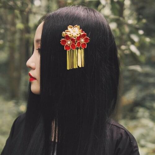 2018 Japanese style Vintage Floral hair accessories Pendant Red Gold Twin flowers Hair Jewelry