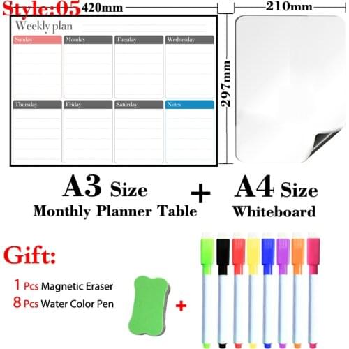 A3 Size Magnetic Monthly Weekly Planner Calendar Table + A4 Size Whiteboard Dry Erase White Board Fridge Sticker Daily Recipe