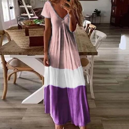 40# Bohemian Dress Womens Summer Casual Short Sleeve Dresses Color Matching V-neck Loose Print Long Dress Платья Для Женщин
