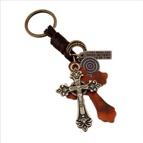 Jesus Cross Alloy Keychain Pendant Leather Woven Car Keychain Pendant Retro Mens and Womens Metal Bag Pendant