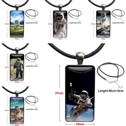 For Women Children Astronaut Walks On Moon Steel Color Glass Cabochon With Rectangle Shaped Pendant Choker Necklace Hot Sale