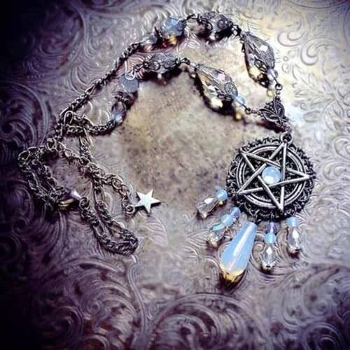 European And American Popular Gothic Mysterious Pattern Five Pointed Star Head Chain Wizard Pagan Magic Opal Magic Necklace