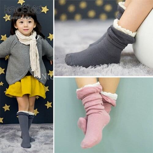 Kacakid Thickness Winter Reffle Anti-slip Knee High Socks Kids Baby Girls Princess Thick Sock