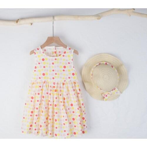 Keelorn Girls Princess Dresses Kids Baby Sleeveless Party Costumes Children Casual Polka Dot Vestidos With Straw Hat