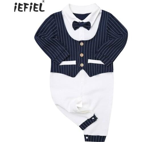 Newborn Baby Boys Romper Shirt Collar Long Sleeves Attached Strips Vest Press Button Front Ruffled Leg Openings Romper Jumpsuit