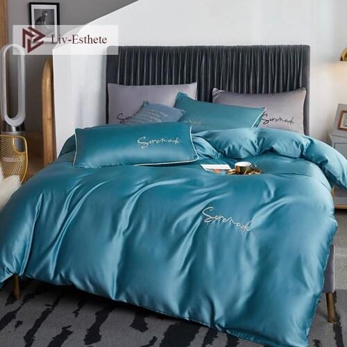 Liv-Esthete Women 100% Silk Beauty Blue Bedding Set Silky Embroidery Queen King Duvet Cover Flat Sheet Pillowcase For Sleeping