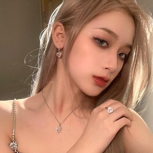 MENGJIQIAO 2021 Korean Trend Pink Heart Crystal Necklace For Women Ladies Fashion Zircon Metal Chain Pendant Party Jewelry