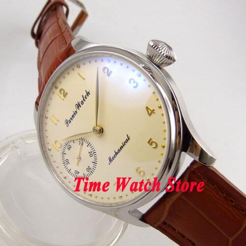 Parnis 44mm Beige Dial GOLD hands marks 17 jewels hand winding 6497 movement mens watch 369
