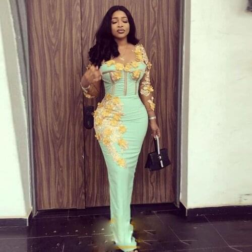 Mint Green Long Sleeves Mermaid Prom Dresses With Flowers Appliques Exposed Boning Evening Gowns For Women Formal Party Dress