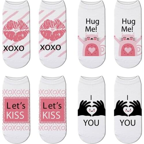 New Fashion Men Women Pink Short Socks Funny Lips Print Cute Cartoon Kitten Socks Japanese Kawaii Unisex Low Ankle Cotton Socks