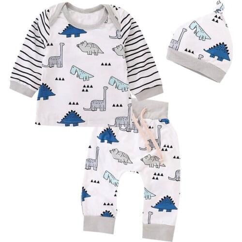 Newborn Baby clothes Girls Boy O-Neck Striped Tops+Cartoon Dinosaur Pants Cap 3PCS baby Cotton Outfits Clothes Sets Dropshipping