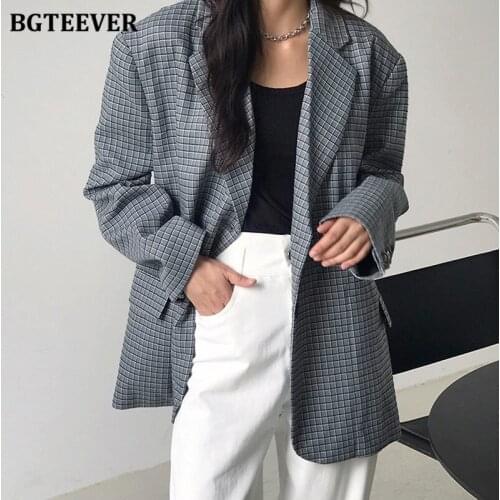 BGTEEVER Stylish Notched Collar Plaid Suit Jackets for Women 2021 Spring Single-breasted Loose Female Blazer Chic Ladies Outwear