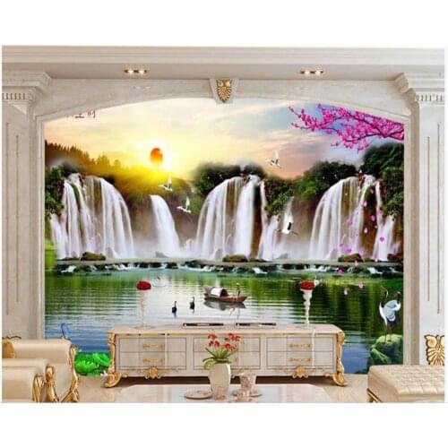 Custom photo wallpapers 3d murals wallpaper for walls 3 d Flowing water and wealth, plum blossom waterfall, crane landscape