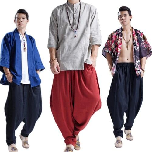 Casual mens Chinese folk-custom large crotch pants Cotton linen harem pants dancing trousers male loose casual Curved trousers