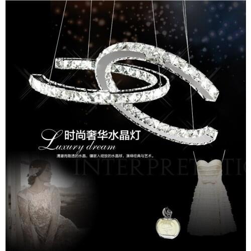 Luxury Chrome / Amber Color LED Stainless Steel Crystal Droplight Wire Hanging Cafe Bar Double C Shape Dome Light Clothing Store