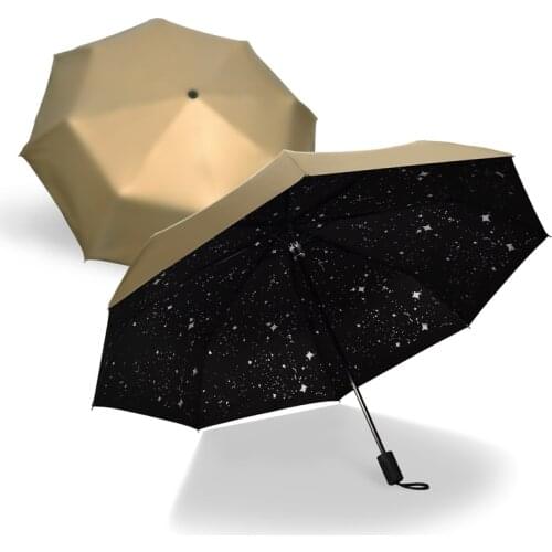 Gold 3 Folding Black Coating UV Protection Umbrella Rain Women Men Outdoor Windproof Umbrellas Portable Travel Parasol Gift